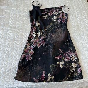 AllSaints Black Strapless Floral Slip Dress with Pink & White Blooms